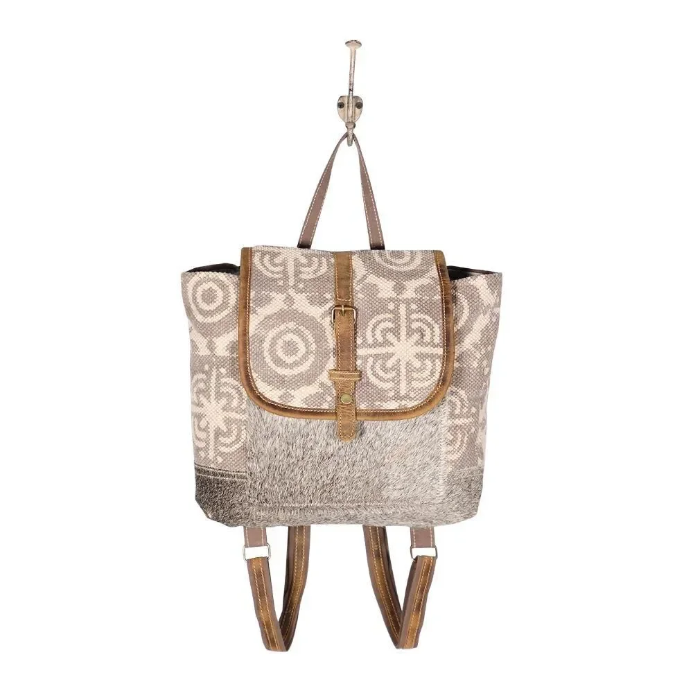 Myra Bag Handmade Dreamer Backpack Upcycled Canvas & Cowhide Leather - Picture 5 of 6